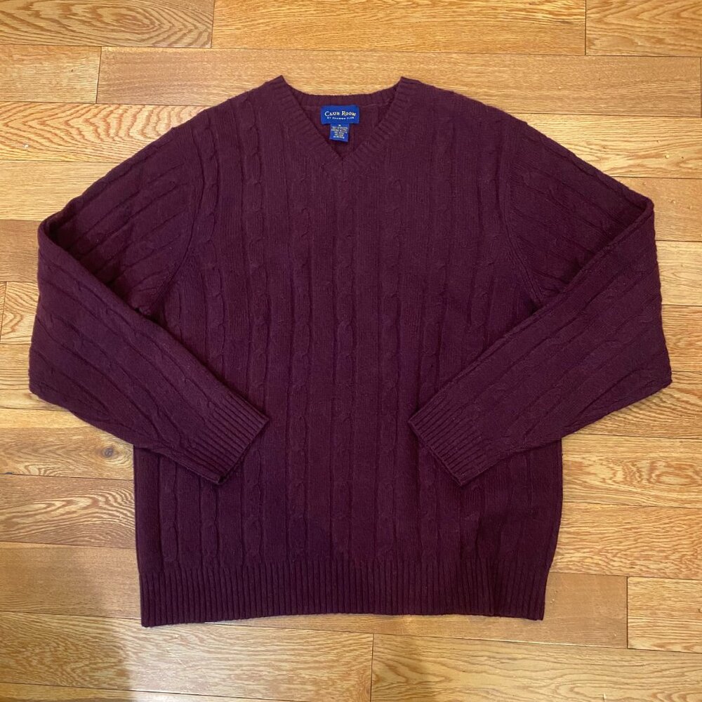Club Room Vintage Lambs Wool V Neck Mens Sweater Burgundy Cable Knit READ M